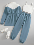 Girls' activewear three-piece set: blue color block jacket, cinched waist cami top, and long pants - autumn outfit for kids