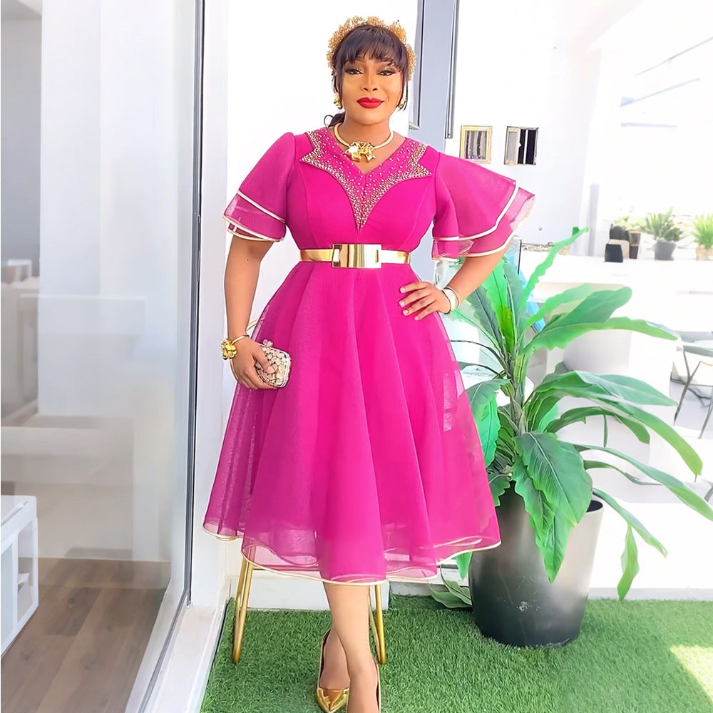 Fashion cross-border export african women's clothing plus sizev neck hip skirt  high waist bubble bead dress comes with belt