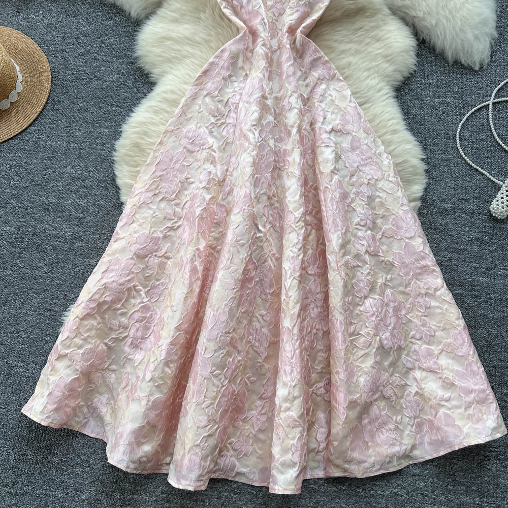 French style women's luxury party dress - elegant, high-end, and chic. features a spaghetti strap, cinched waist, jacquard design, and a flattering, slimming fit. perfect for summer, this dress creates a beautiful, fluffy silhouette