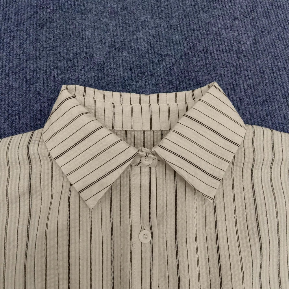 Amazon fashion cross-border women's retro vertical stripesloose lapel shirt lazy style casuallong sleevesshirt