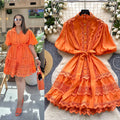 French retro court style chic lace patchwork tie-waist dress - lantern sleeves, slimming a-line skirt