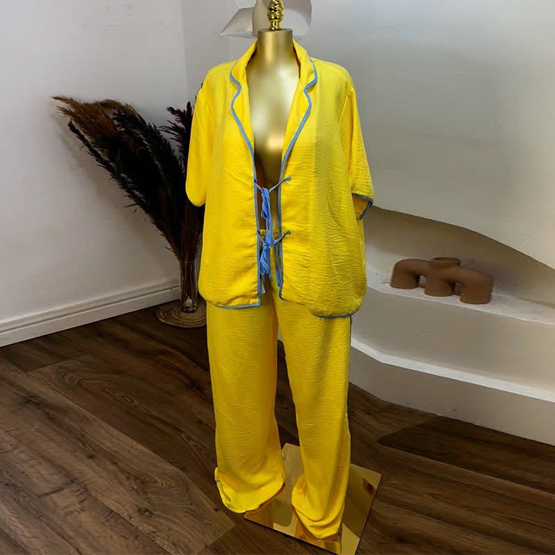 European and american cross-border women's fashion:  summer new collection - stylish tie-waist color block short sleeve shirt and wide-leg pants set