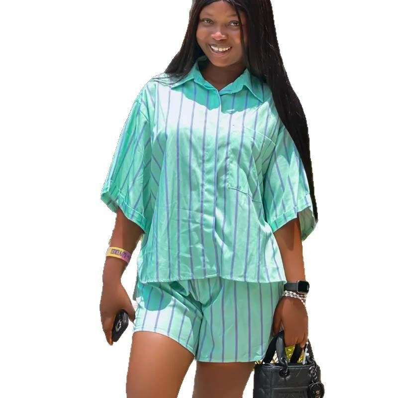 European and American casual women's clothing suit striped lapel cardigan shirt shorts African simple and generous short-sleeved two-piece set women