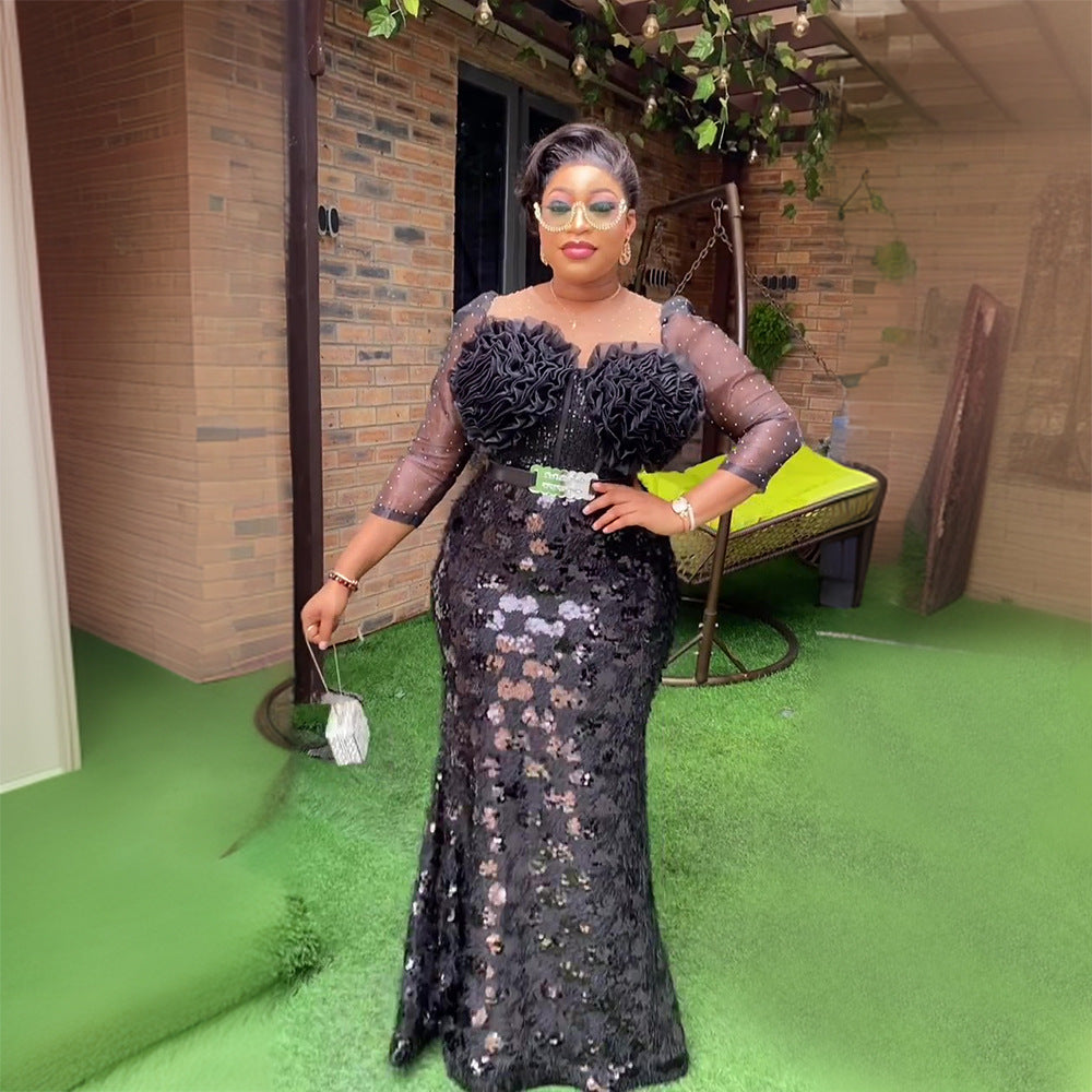 African  banquet party evening dress european and american style women's clothing organza patchwork sequin flower plus size dress