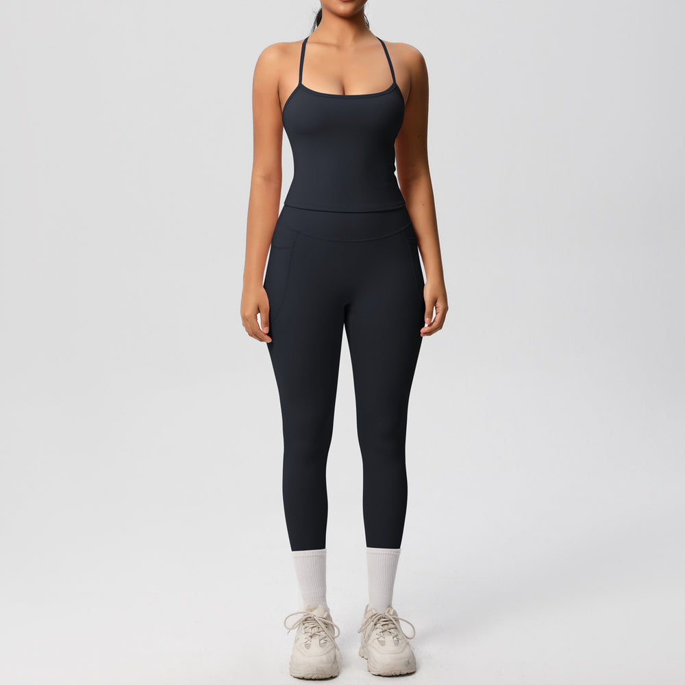 New arrivalpure color sling beautiful back yoga clothes hip pocket tights sports suit cloud-like quick-drying fitness clothes for women