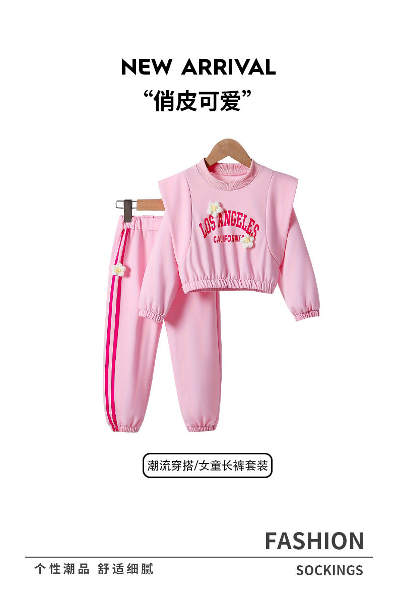 Girls' spring outfit: pink pullover sweatshirt with floral embroidery and letter print, casual sweatpants two-piece set