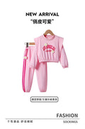 Girls' spring outfit: pink pullover sweatshirt with floral embroidery and letter print, casual sweatpants two-piece set