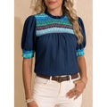 Amazon  summer new casual round neck bubble short sleeve bohemian embroidered shirt top for women