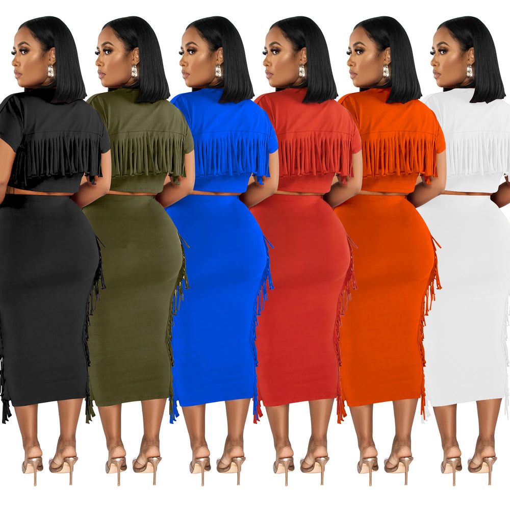 X6331 cross-border   fashion women's solid color tassel crew neck short sleeve maxi dress two-piece set