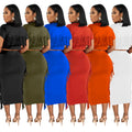 X6331 cross-border   fashion women's solid color tassel crew neck short sleeve maxi dress two-piece set