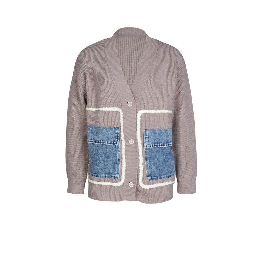 Amazon new european and american fashion women's loose knit sweater with panelled design, single-breasted button closure, and denim pocket cardigan