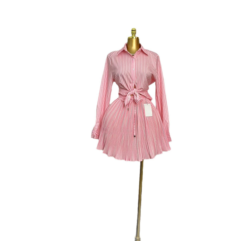 European and american cross-border women's fashion  summer new sweet rhinestone-embellished striped long-sleeve shirt and pleated midi skirt set