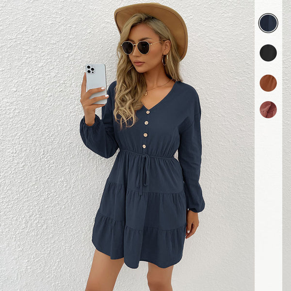 Independent Station Cross-border European, American and  autumn and winter women's clothing new pleated solid color slim casual dress