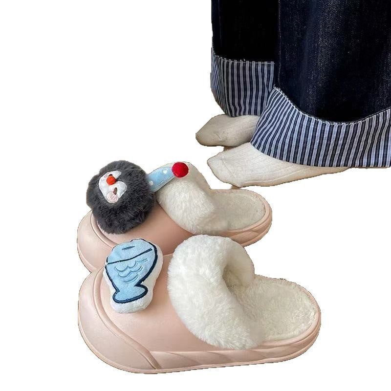 2025 winter new cartoon penguin & fish cotton slippers - thickened, warm, platform sole, detachable cotton slippers for women - wholesale