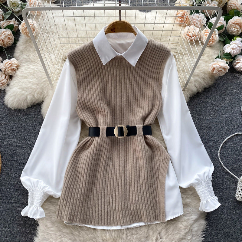 Autumn/winter korean chic socialite style lantern sleeve loose mid-length white shirt knitted vest two-piece set
