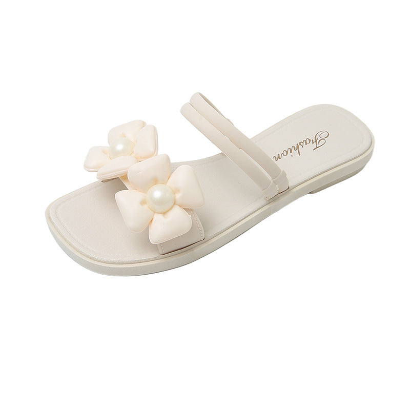 Pearl double flower hot style outwear sandals women's summer new fairy popular easiest for match soft bottom fashion slippers women