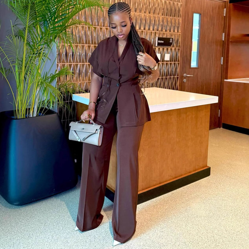 European and American fashion temperament, foreign style V-neck cardigan top, women's African high waist wide leg trousers, new women's clothing two-piece set