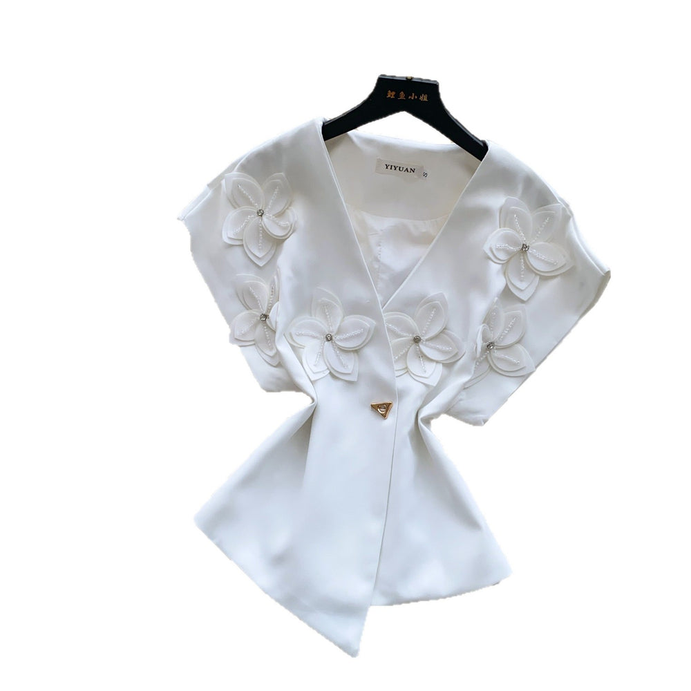 Korean style commute v-neck short sleeve loose shirt women's summer 3d floral embellished design cardigan top