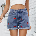 Fashion cross-border foreign trade women's new style  independent station washed versatile cherry embroidered denim shorts hot pants