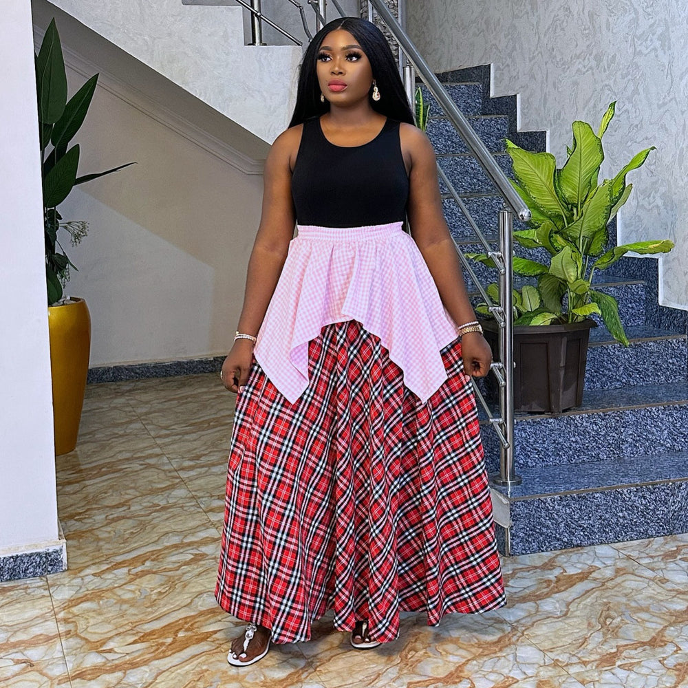 European and american cross-border african women's clothing  summer new fashion casual high-waisted slimming plaid long midi skirt
