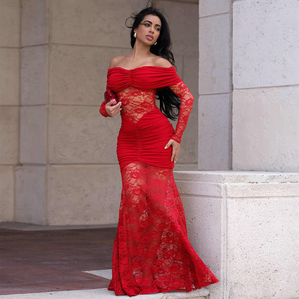 C7620 cross-border   fashion women's sexy off-the-shoulder lace bodycon dress
