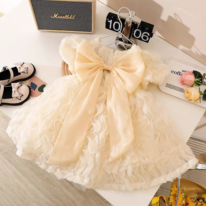 Girls' dress  new summer collection - stylish princess dress for little girls, featuring bubble sleeves and mesh skirt