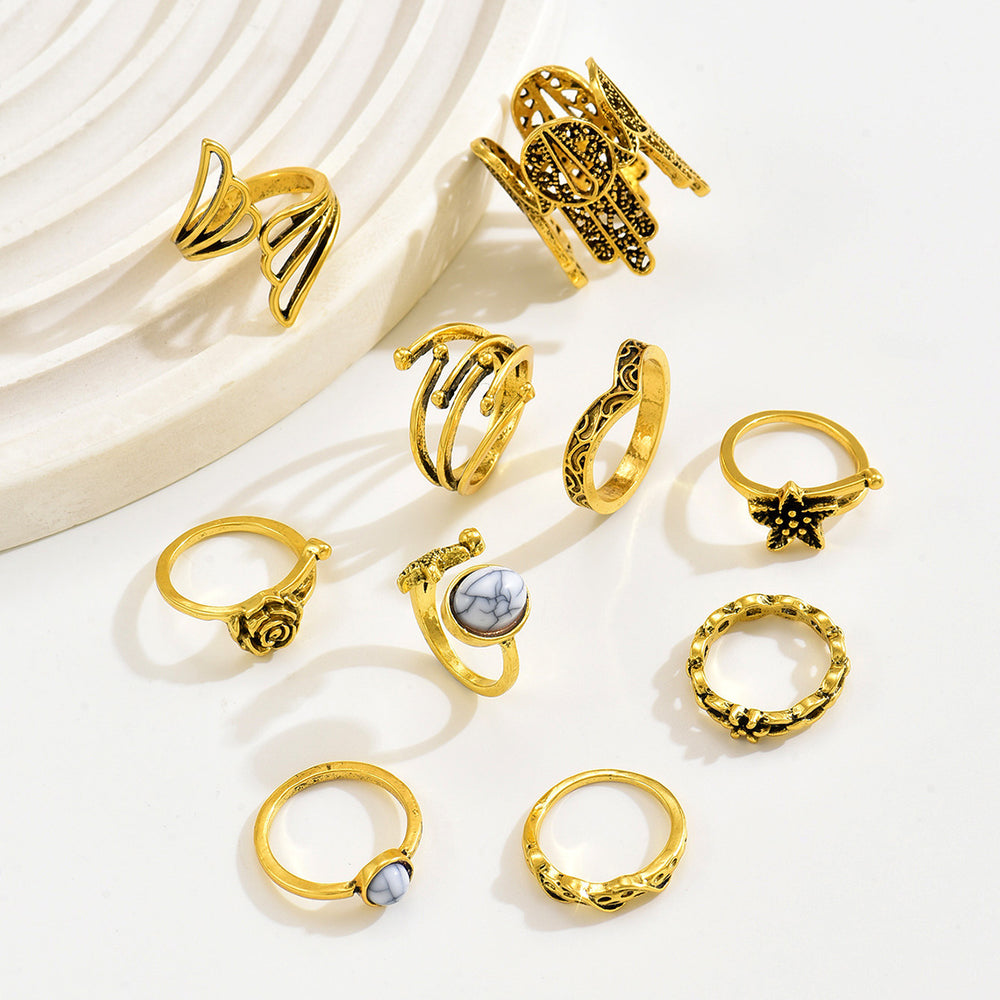 European and american cross-border fashion light luxury niche floral ring hollow design geometric line 10-piece ring set
