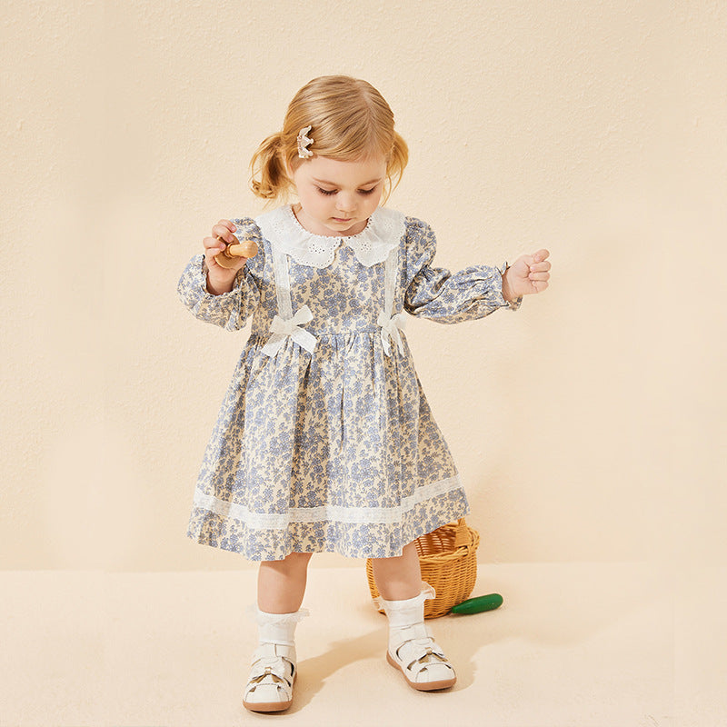 New girls' spring/autumn dresses: floral print long-sleeve princess dress with lace and bow detail - wholesale