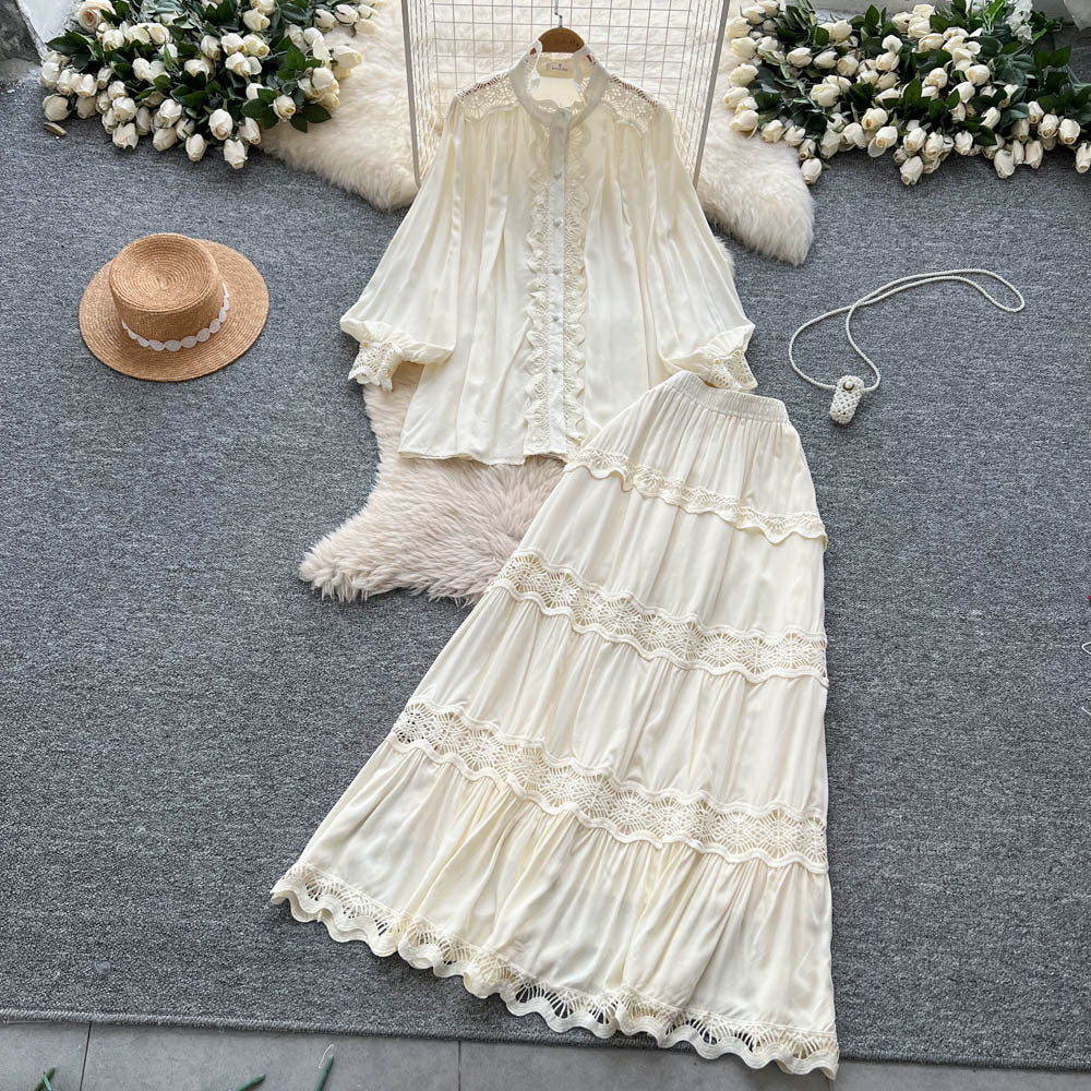 French court style two-piece set: women's high-end hollow-out lace patchwork lantern sleeve blouse and high-waisted flared midi skirt