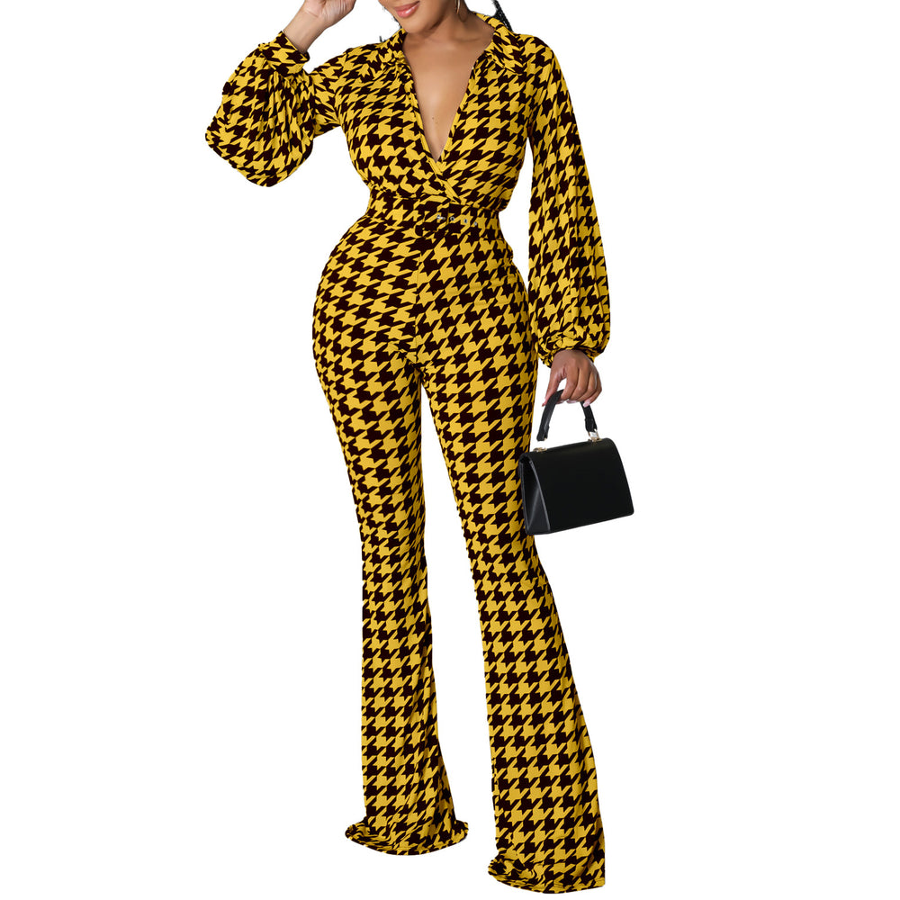 C8559 cross-border women's fashion  autumn/winter new arrival v-neck puff sleeve cinched waist printed wide-leg plus size african jumpsuit
