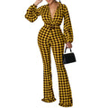 C8559 cross-border women's fashion  autumn/winter new arrival v-neck puff sleeve cinched waist printed wide-leg plus size african jumpsuit