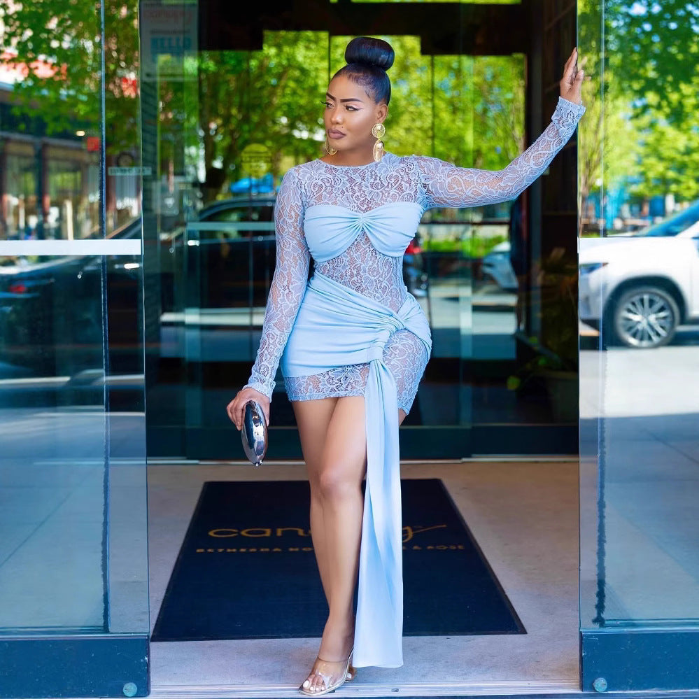 Fake two-piece asymmetrical socialite lacedress female spring sexy hip skirt showing figure tube top skirt