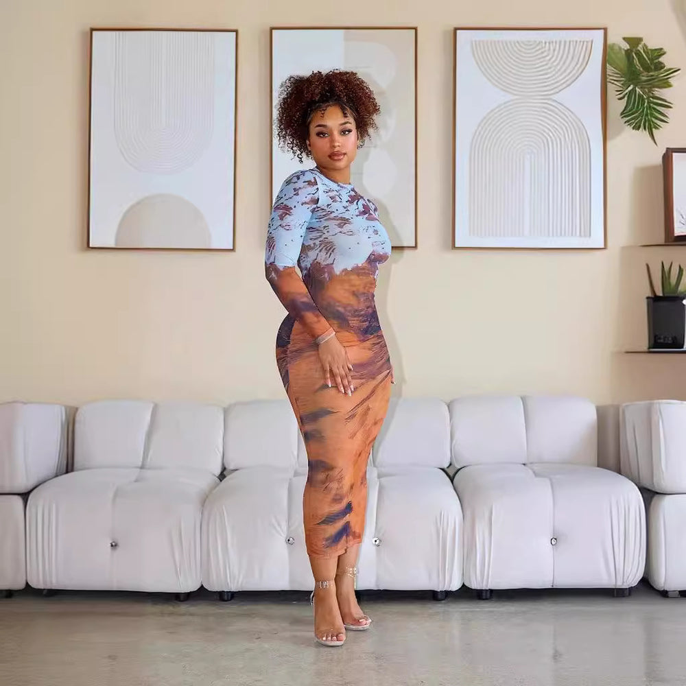 Amazon fashion cross-border sexy women's clothing:  summer new arrival - elegant printed long-sleeve bodycon dress