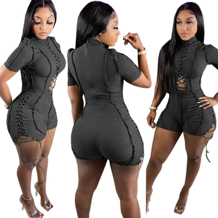 summer hot seller:  foreign trade women's fashion - european and american sexy solid color tie-up short sleeve jumpsuit