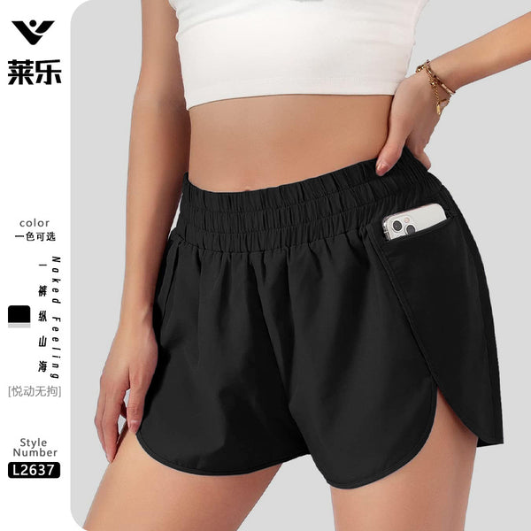 Quick-drying waist pull-up double-layer pocket yoga shorts breathable anti-light shorts outdoor running shorts women's fitness hot pants