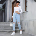 78-65823#  cross-border women's fashion: european and american ins style casual loose straight leg distressed denim jeans