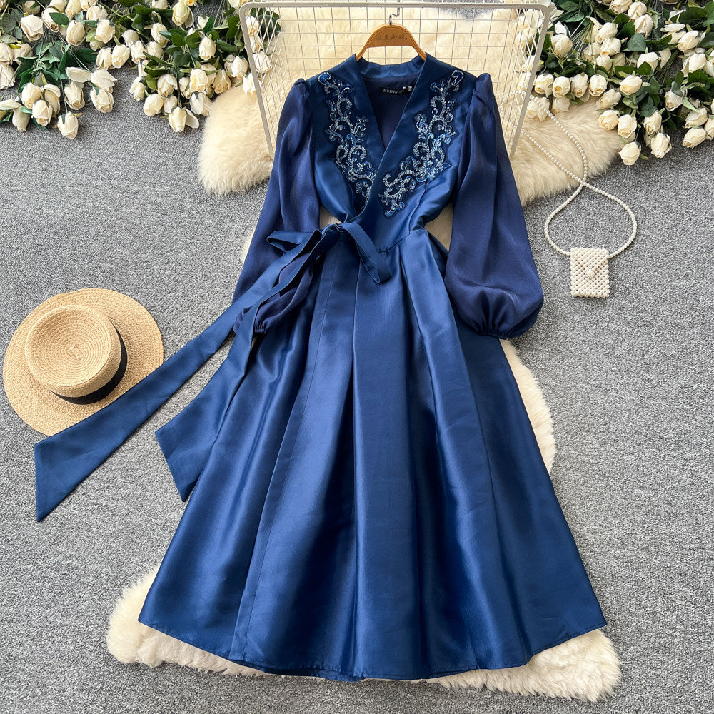 Luxury chic v-neck embroidered elegant dress - women's summer long sleeve tie-waist a-line dress - elegant and refined