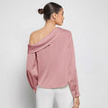 Export cross-border pleated satinshirttops spring and summer fashion  off-shoulder asymmetrical long-sleeved shirt women's clothing