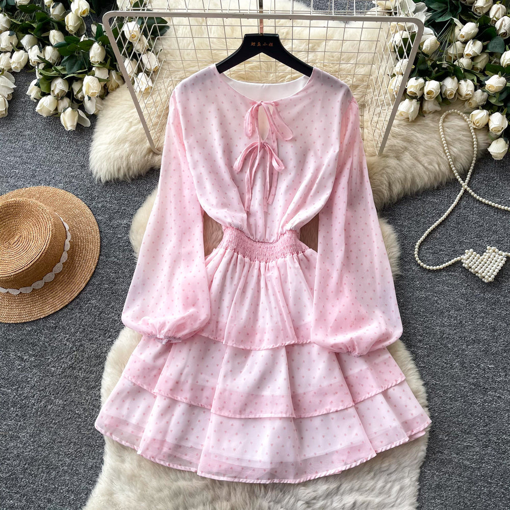 Korean style red polka dot slim-fit dress - women's summer long sleeve ruffle hem waist-cinching slimming high-end tiered dress