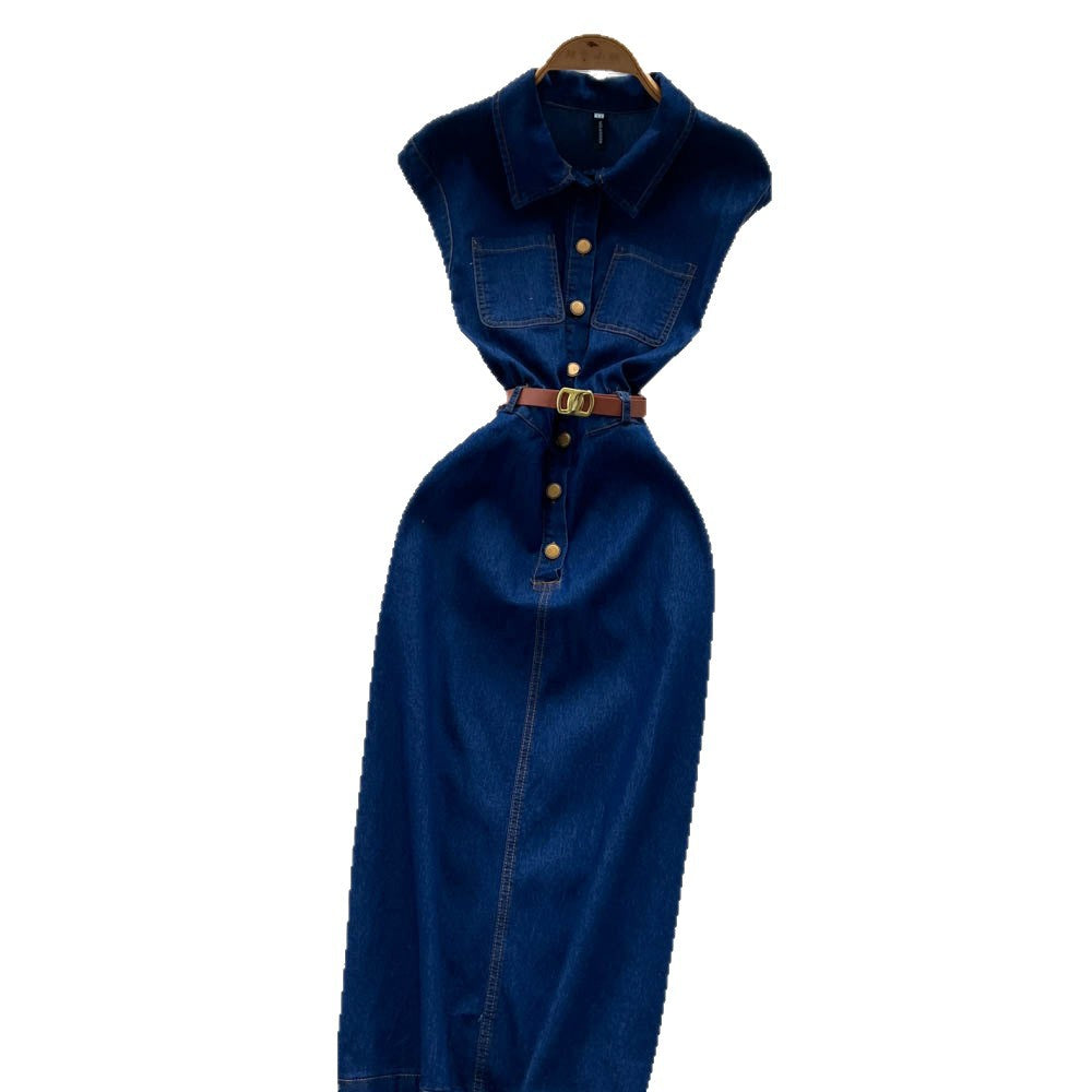 French chic, minimalist polo collar denim dress with metal buckle detail: sleeveless, fitted, bodycon midi dress