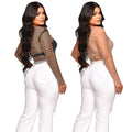 C6355   fashion women's solid color mesh rhinestone beaded long sleeve top - single piece set
