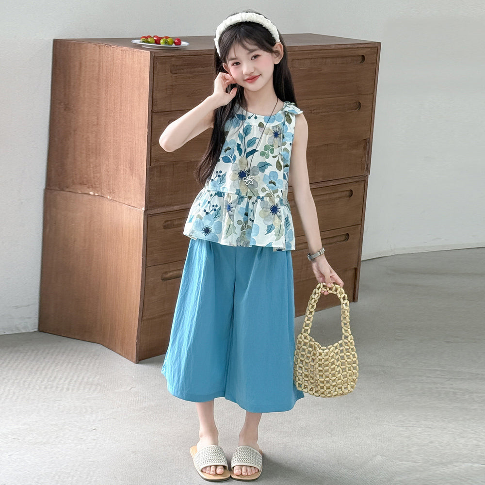 Girls' sleeveless summer outfit:  new summer style, trendy floral tank top and wide-leg pants two-piece set
