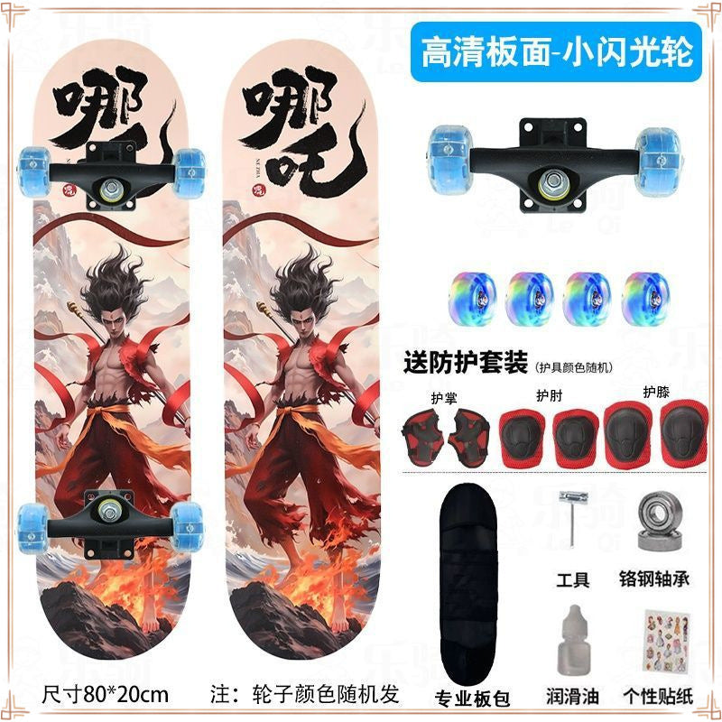 Nezha skateboard beginner children 6-12 years old adolescent adult professional four-wheel skateboard boys and girls flash skateboard