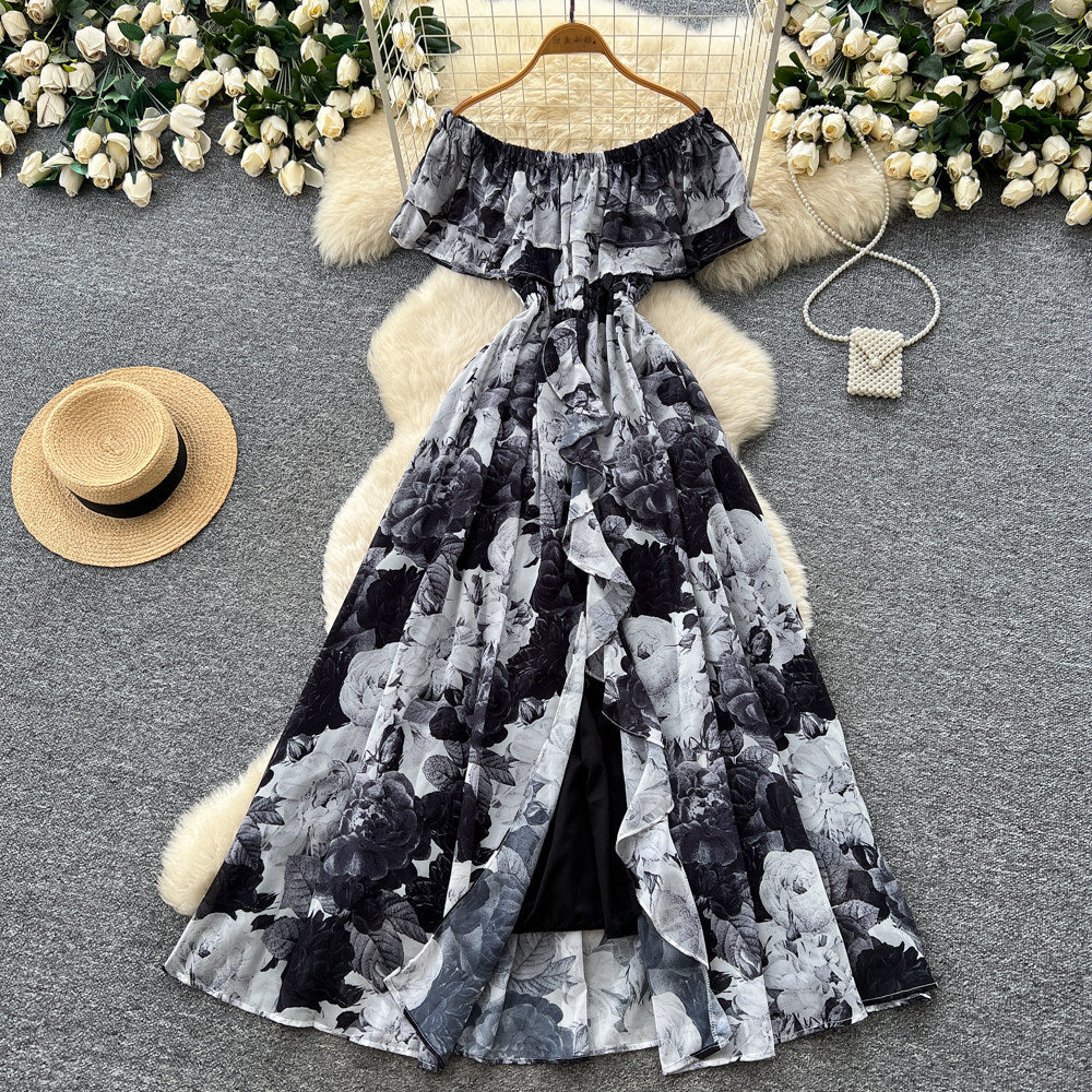 Pure desire style one shoulder ruffles floral dress women's summer sleeveless waist slimming lookelegant vacation style long dress