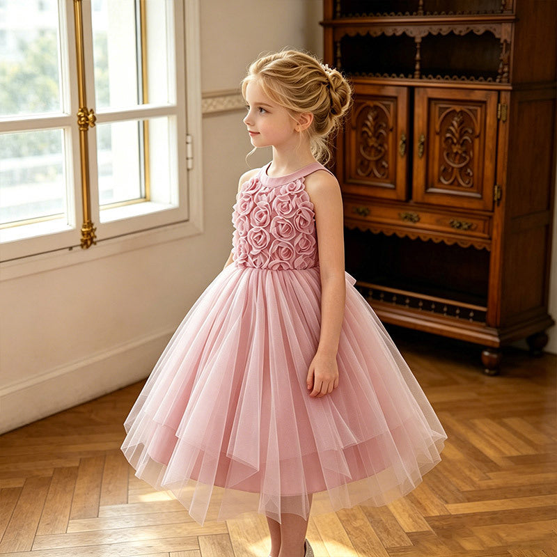 girls' dress irregular hem sleeveless halter neck 3d embroidered dance costume kids princess dress - in stock