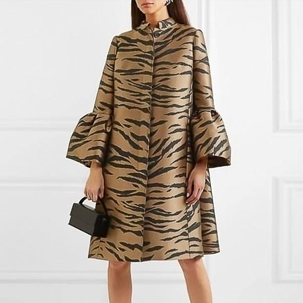 Stand-up collar, flared sleeve, button-up cardigan, leopard print, loose party, women's dress, women's dress.