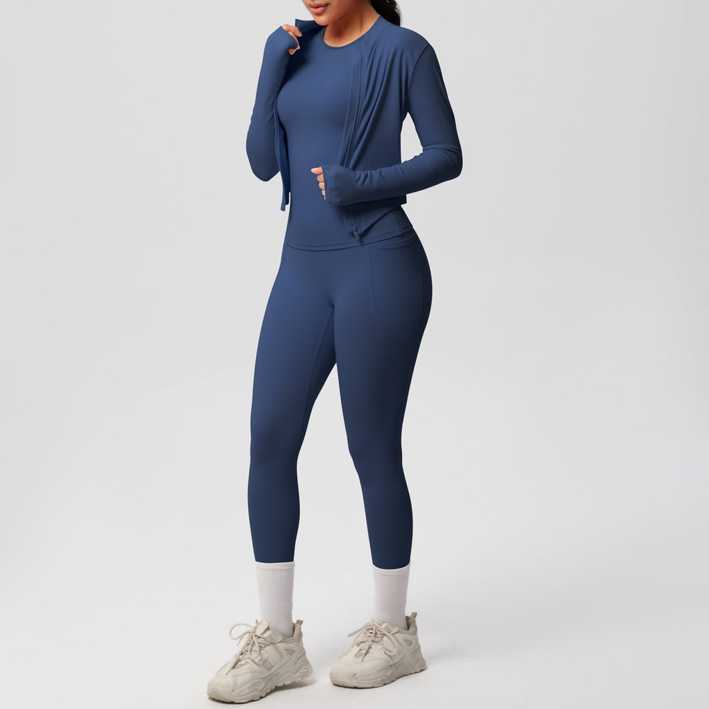 European and american new cloud-feel brushed short-sleeve activewear set: zip-up jacket, casual running top, and butt-lifting yoga leggings - women's 3-piece set