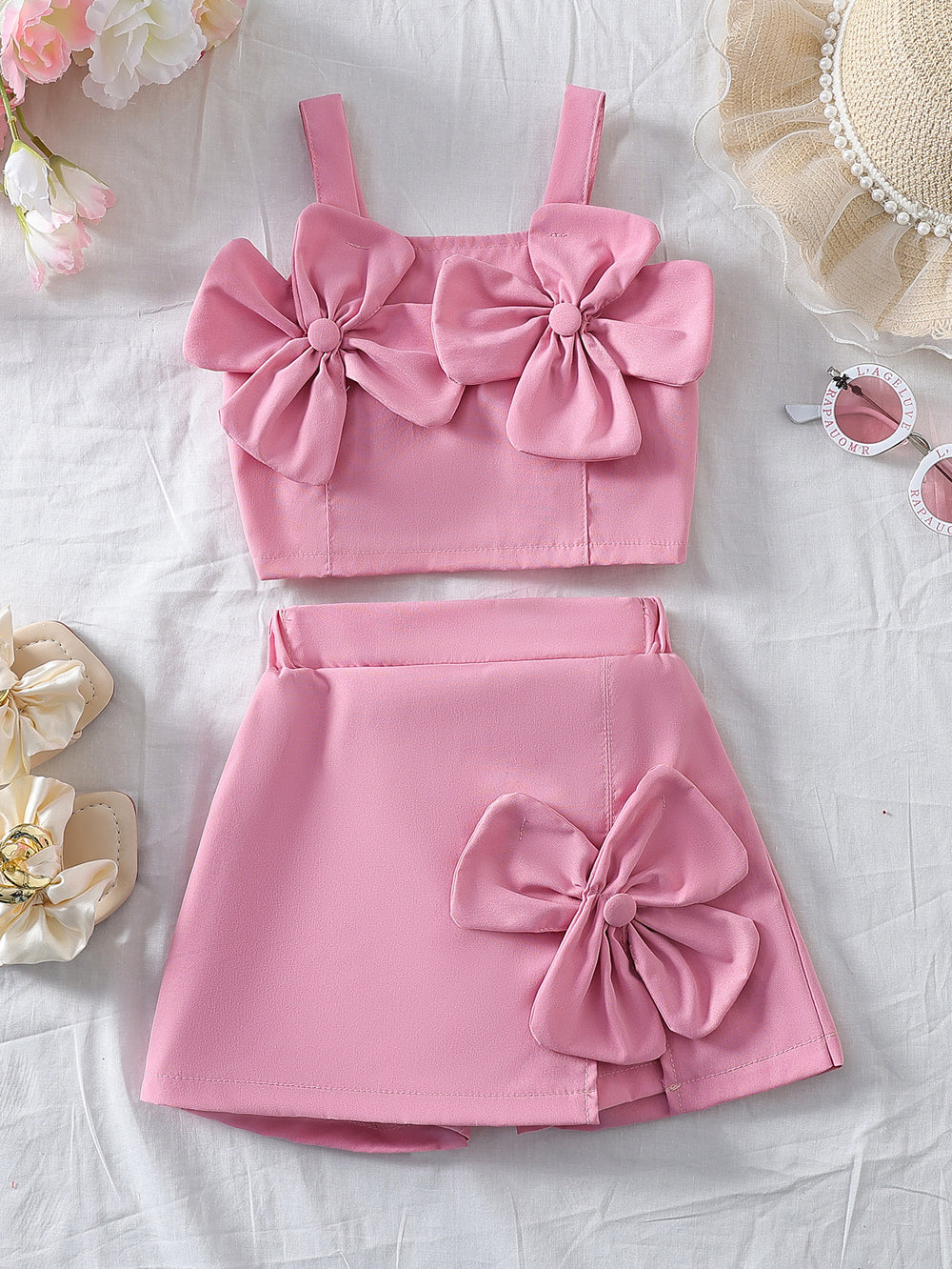 cross-border girls' fresh & sweet camisole with 3d floral appliqué + slit skort set - toddler outfit