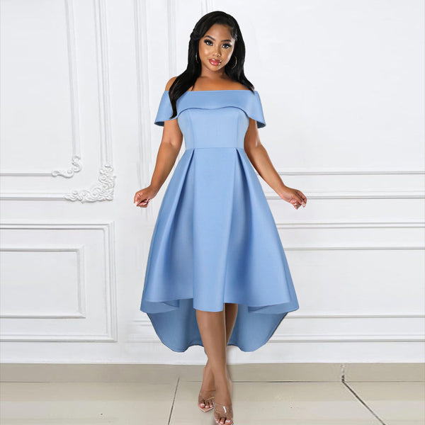 New one-word collar dress sleeve pleats irregular host speech evening dress dress party dress