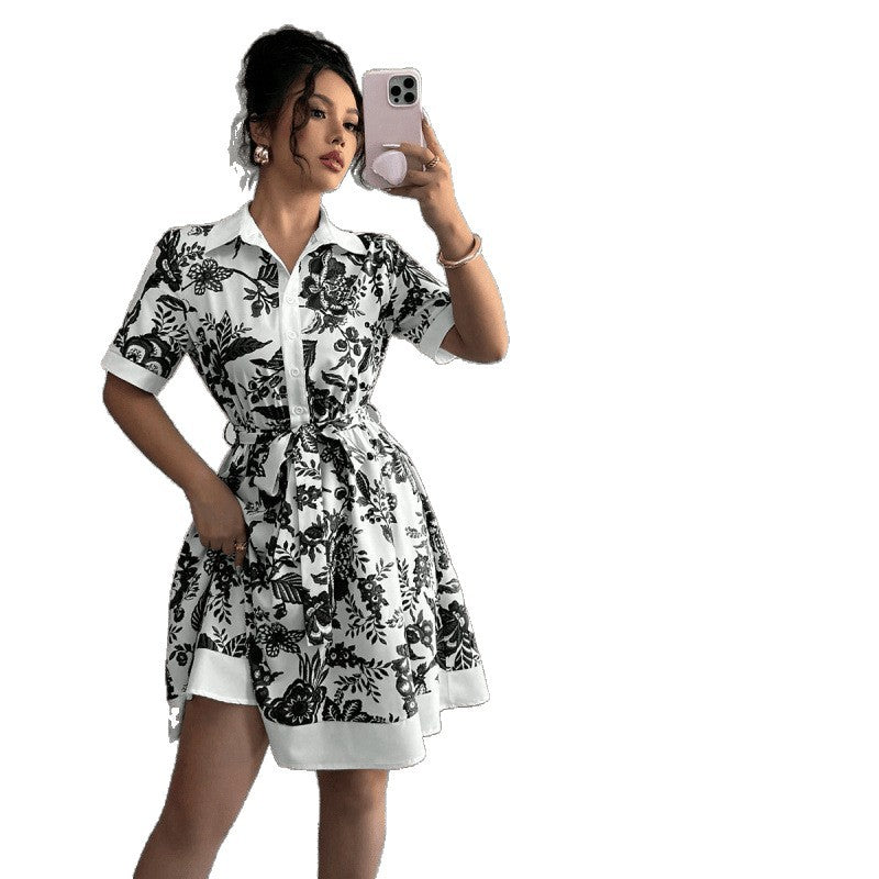 Ready stock  new arrival: minimalist chic tie-waist printed short-sleeve dress